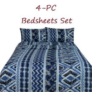 Geometric Print Bed Sheets Set 4-pc Blue Full Queen King sizes